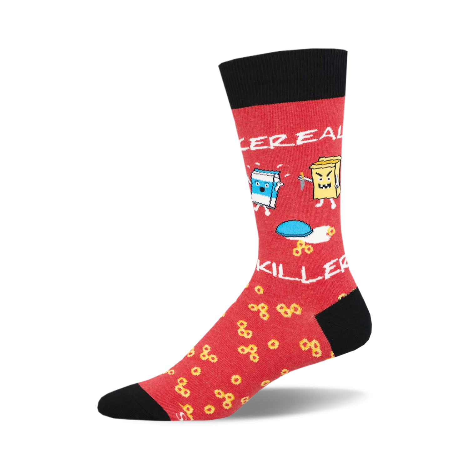 Red crew socks with a black cuff.  The design features cartoon cereal and milk characters fighting, along with cereal pieces scattered on the sock.