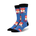 Blue crew socks with repeating red and white cans labeled 'WHOOP ASS' and a yellow burst, on a bent metal design.