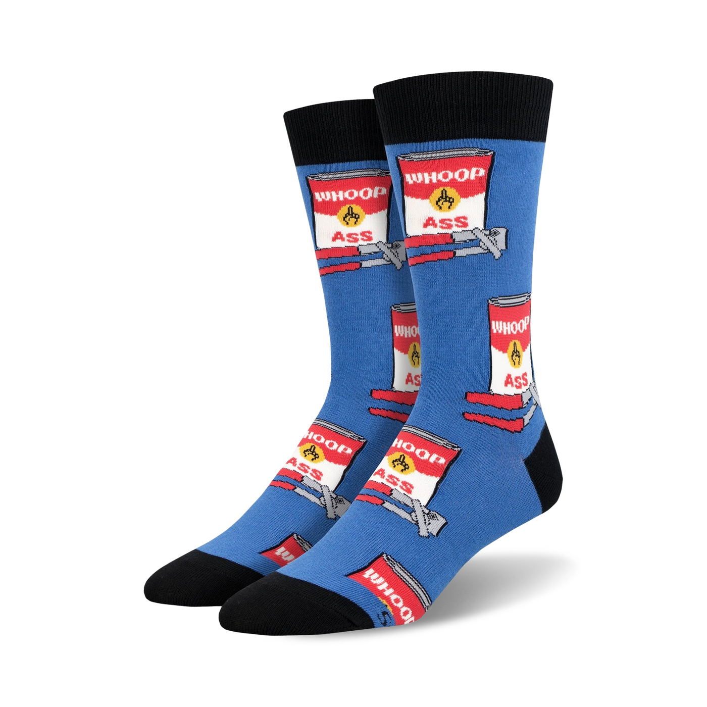 Blue crew socks with repeating red and white cans labeled 'WHOOP ASS' and a yellow burst, on a bent metal design.