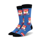 Blue crew socks with repeating red and white cans labeled 'WHOOP ASS' and a yellow burst, on a bent metal design.