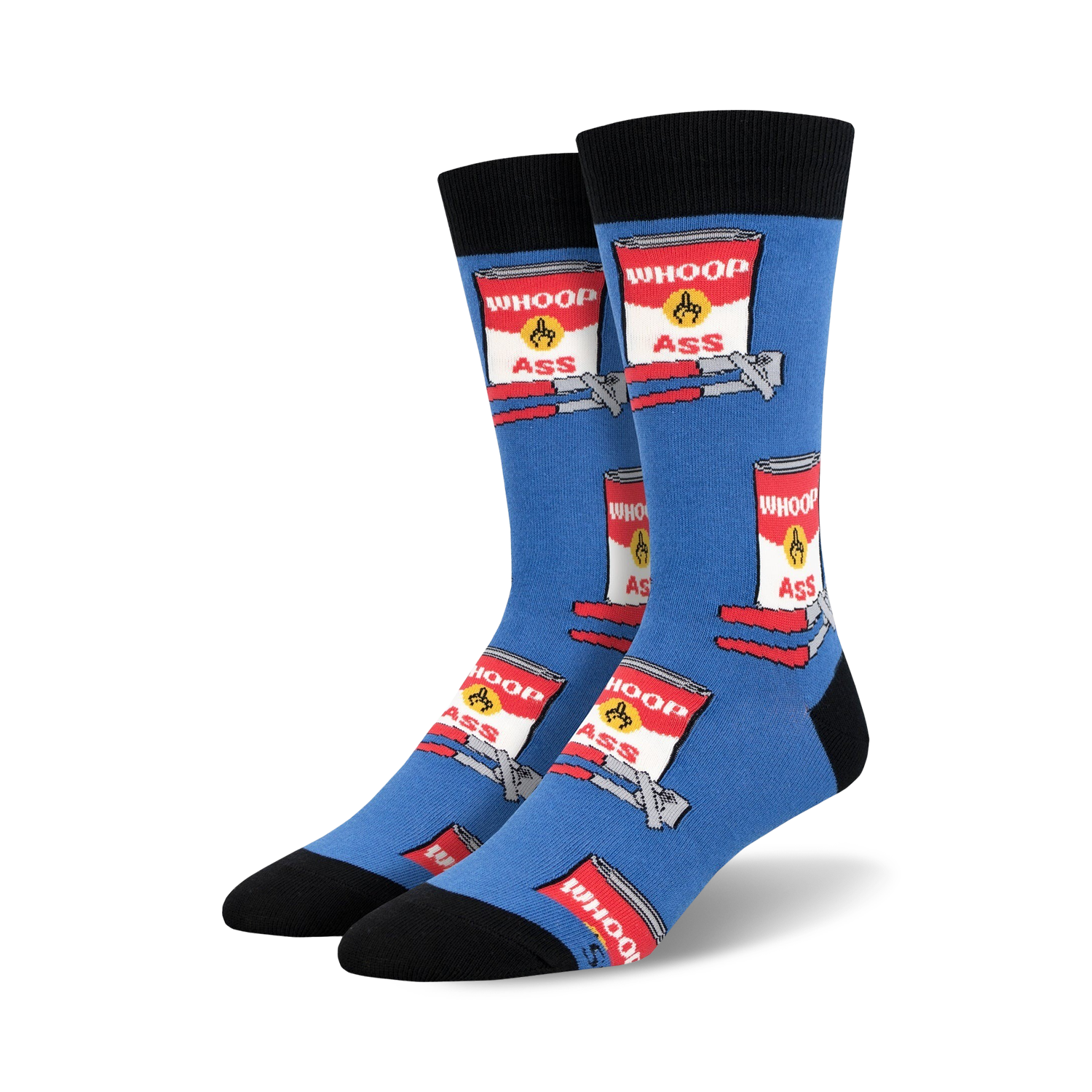 Blue crew socks with repeating red and white cans labeled 'WHOOP ASS' and a yellow burst, on a bent metal design.