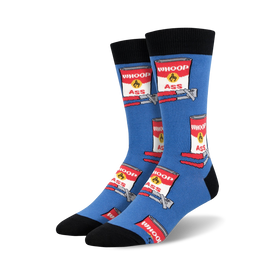 can of whoop ass funny themed mens blue novelty crew socks
