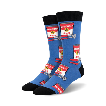 blue crew socks with a funny pattern of red and white cans with the words "whoop ass" written on them.  