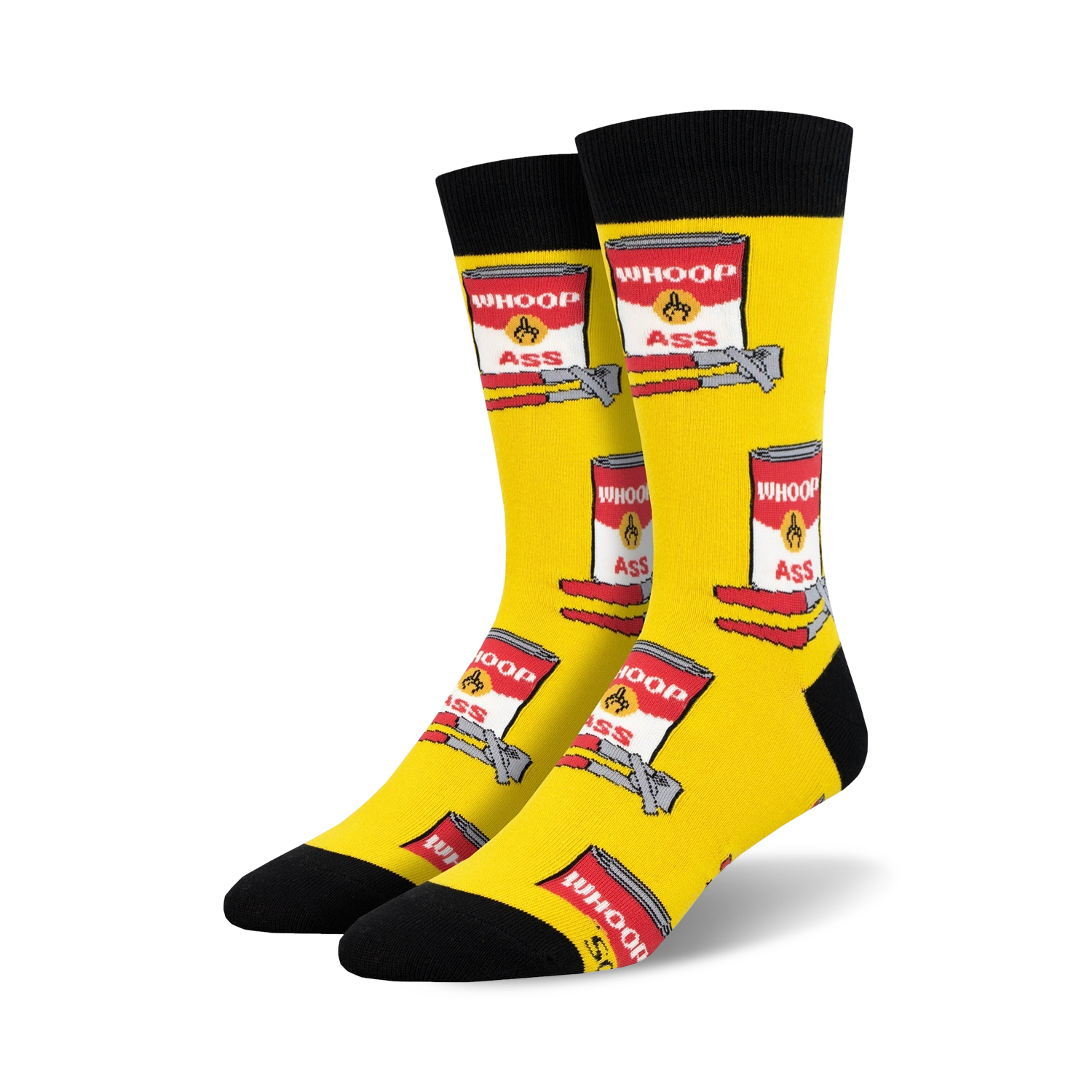 Bright yellow crew socks with black toes and cuffs, featuring a repeating red "Can of Whoop Ass" soup can design.