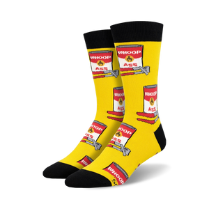 Bright yellow crew socks with black toes and cuffs, featuring a repeating red 