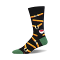 Black crew socks with a fun design of mozzarella sticks and marinara dipping sauce.  Gold and red accents on a predominantly black background.