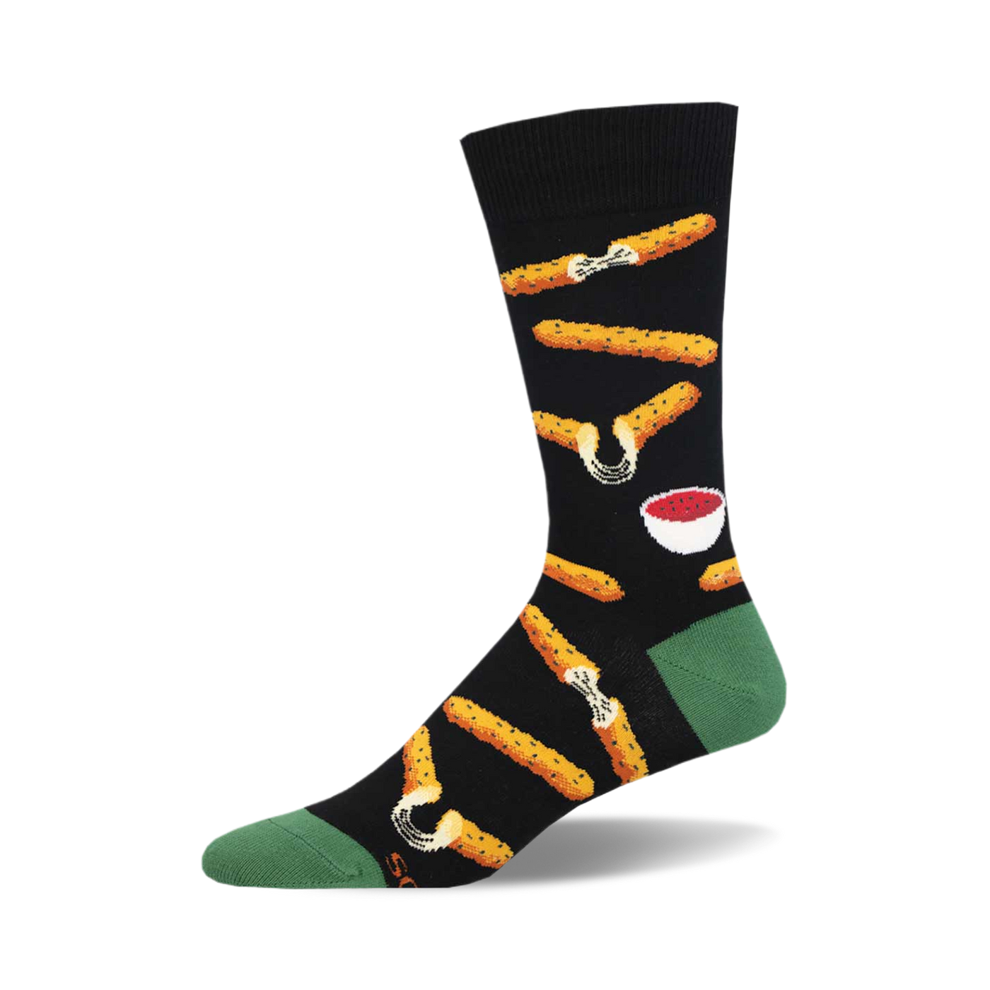 Black crew socks with a fun design of mozzarella sticks and marinara dipping sauce.  Gold and red accents on a predominantly black background.