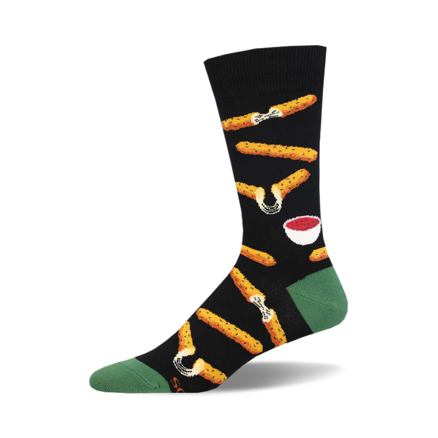 Black crew socks with a fun design of mozzarella sticks and marinara dipping sauce.  Gold and red accents on a predominantly black background.