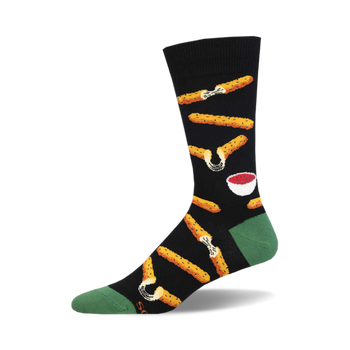 socks that are black and have a pattern of fried mozzarella sticks with marinara sauce on them. the mozzarella sticks are arranged in a vertical pattern on the socks.