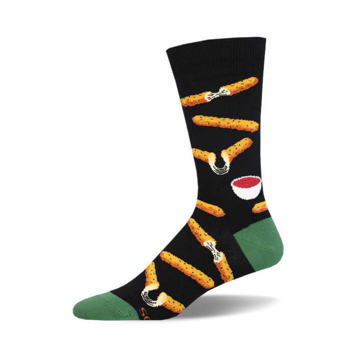 socks that are black and have a pattern of fried mozzarella sticks with marinara sauce on them. the mozzarella sticks are arranged in a vertical pattern on the socks. }}
