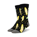 Pair of black crew socks with a fun design of yellow Elote (Mexican street corn) and lime wedges.