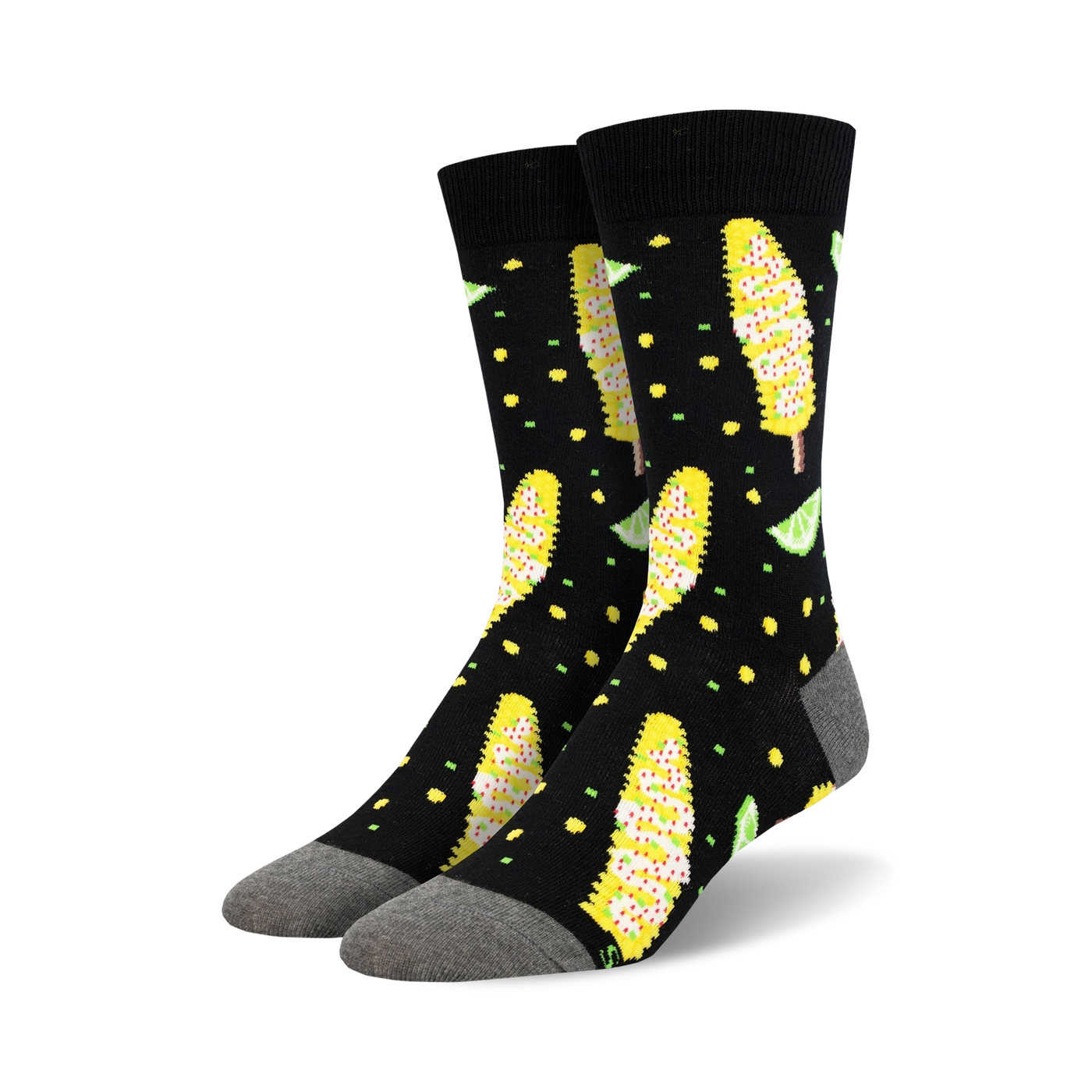 Pair of black crew socks with a fun design of yellow Elote (Mexican street corn) and lime wedges.