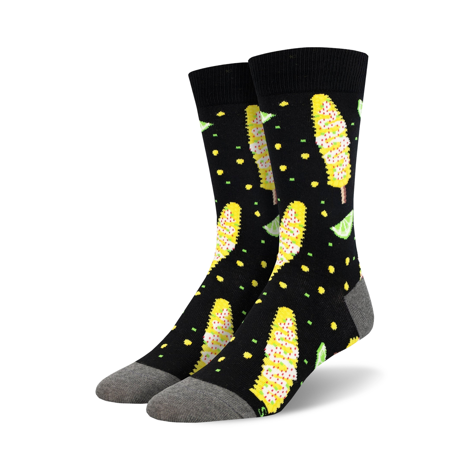 Pair of black crew socks with a fun design of yellow Elote (Mexican street corn) and lime wedges.