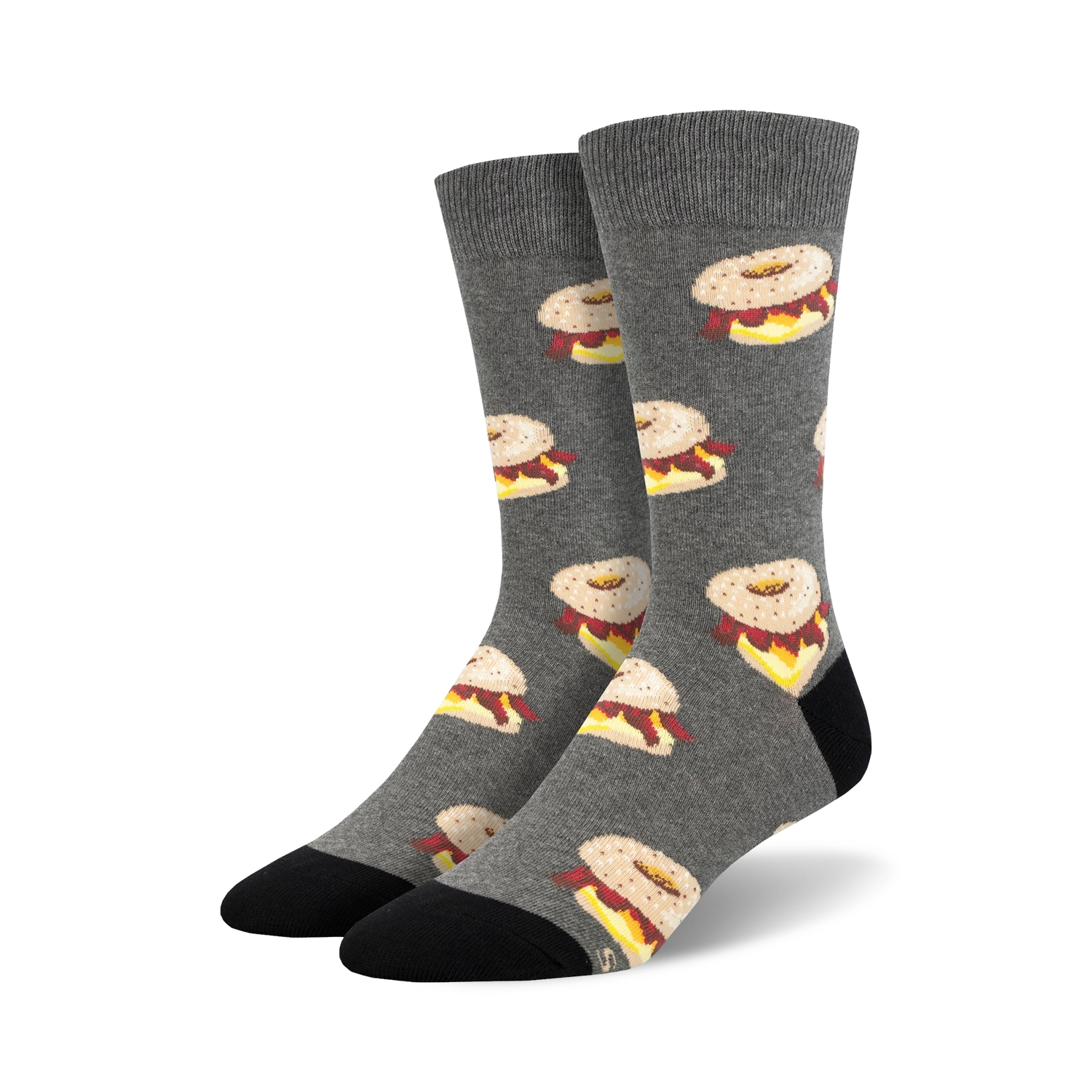 Pair of crew socks in gray with a repeating pattern of illustrated bagels with cream cheese and lox.