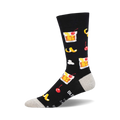 Black crew socks with a repeating pattern of Old Fashioned cocktails, cherries, and lemon twists. 