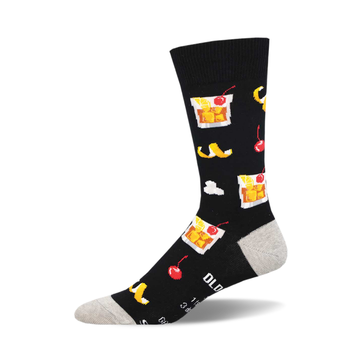 Black crew socks with a repeating pattern of Old Fashioned cocktails, cherries, and lemon twists. 