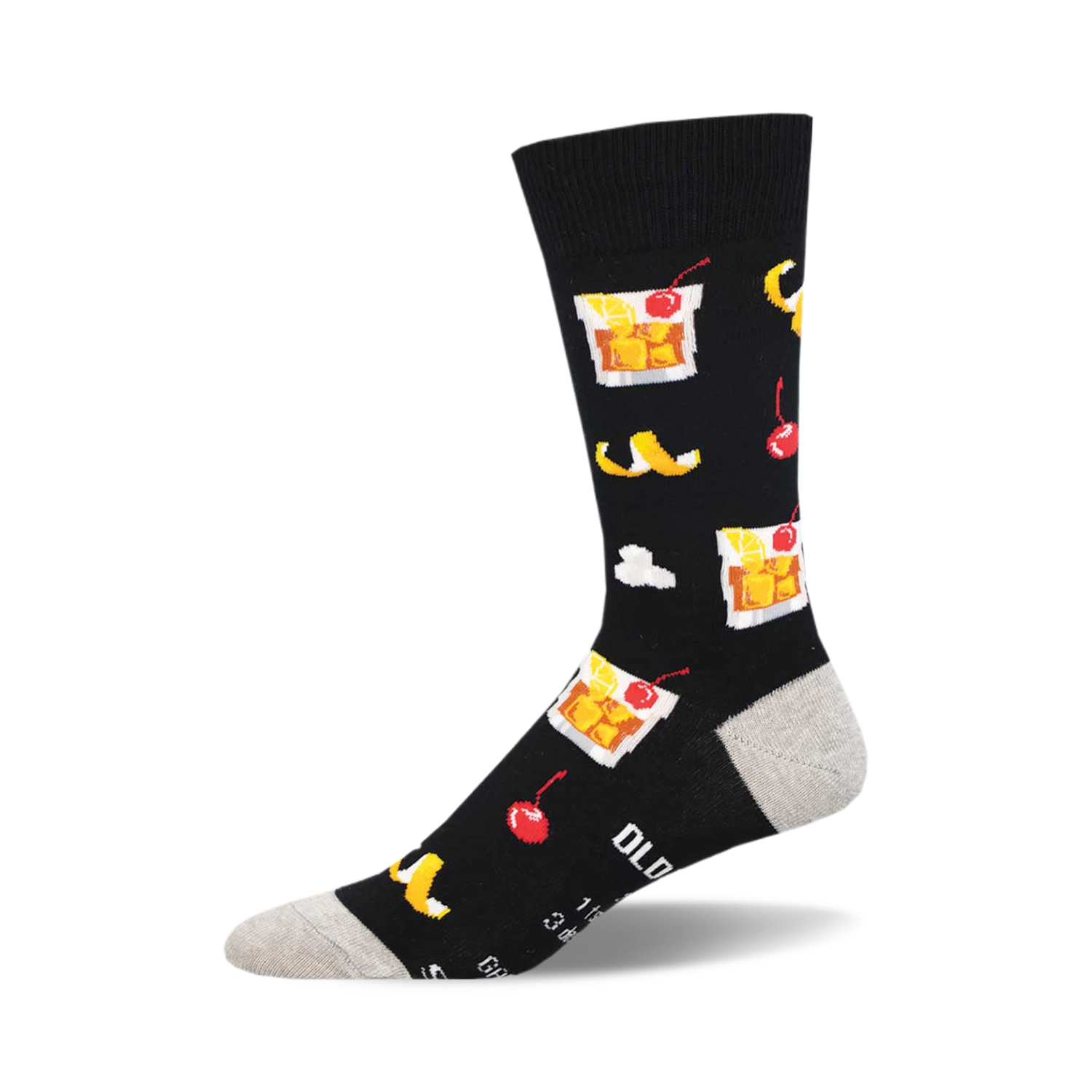 Black crew socks with a repeating pattern of Old Fashioned cocktails, cherries, and lemon twists. 