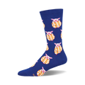 Crew socks in royal blue featuring a pattern of pink pigs wrapped in yellow and orange blankets.