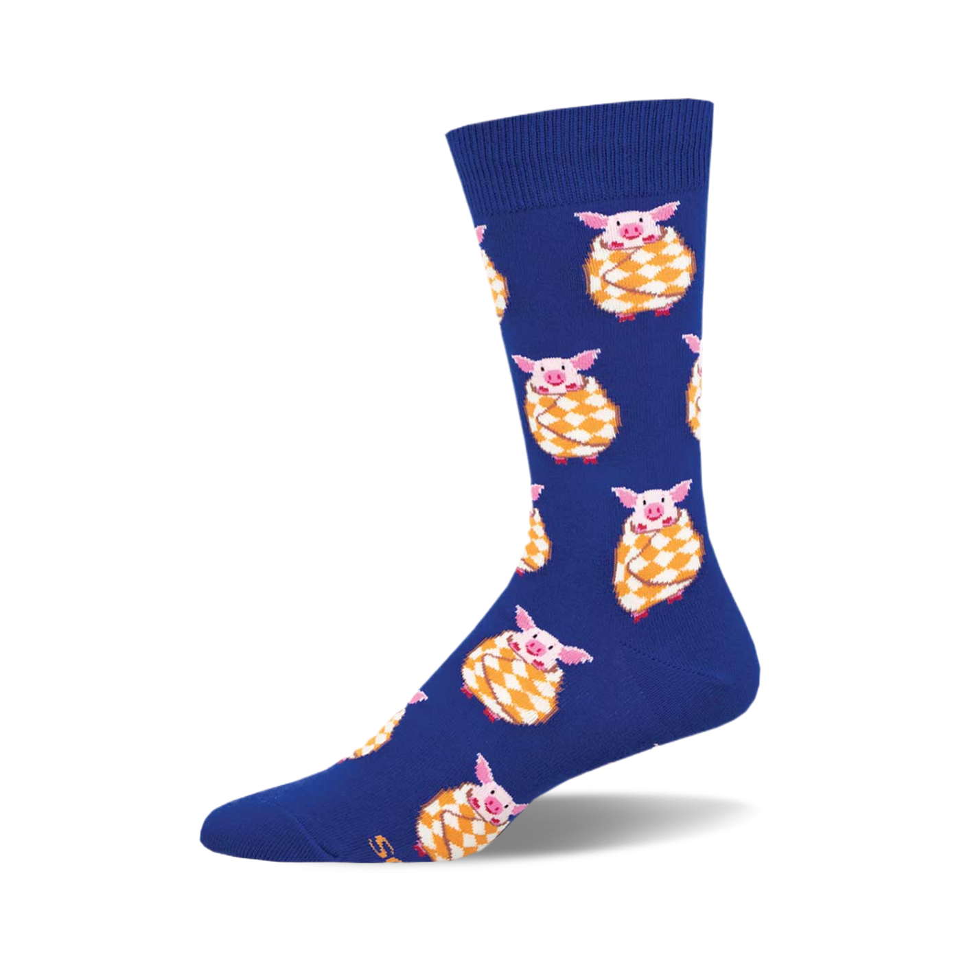 Crew socks in royal blue featuring a pattern of pink pigs wrapped in yellow and orange blankets.