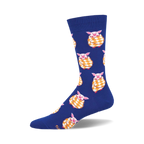 Crew socks in royal blue featuring a pattern of pink pigs wrapped in yellow and orange blankets.