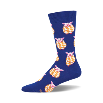 the blue socks have a pattern of pigs wrapped in yellow and white checkered blankets.