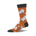 Crew socks in burnt orange with a pattern of white rhinos saying "No."  Dark grey cuff.