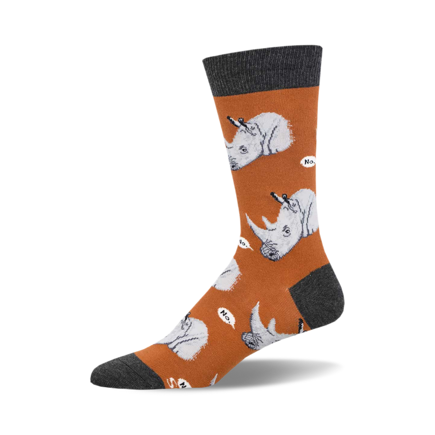 Crew socks in burnt orange with a pattern of white rhinos saying "No."  Dark grey cuff.