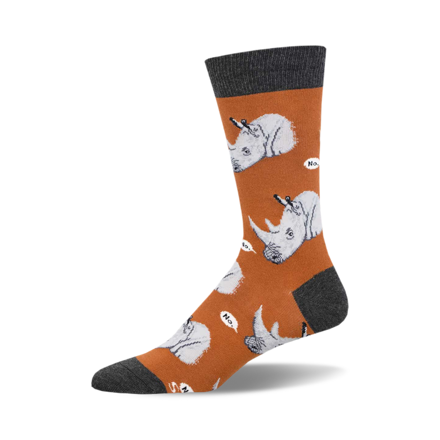 Crew socks in burnt orange with a pattern of white rhinos saying "No."  Dark grey cuff.