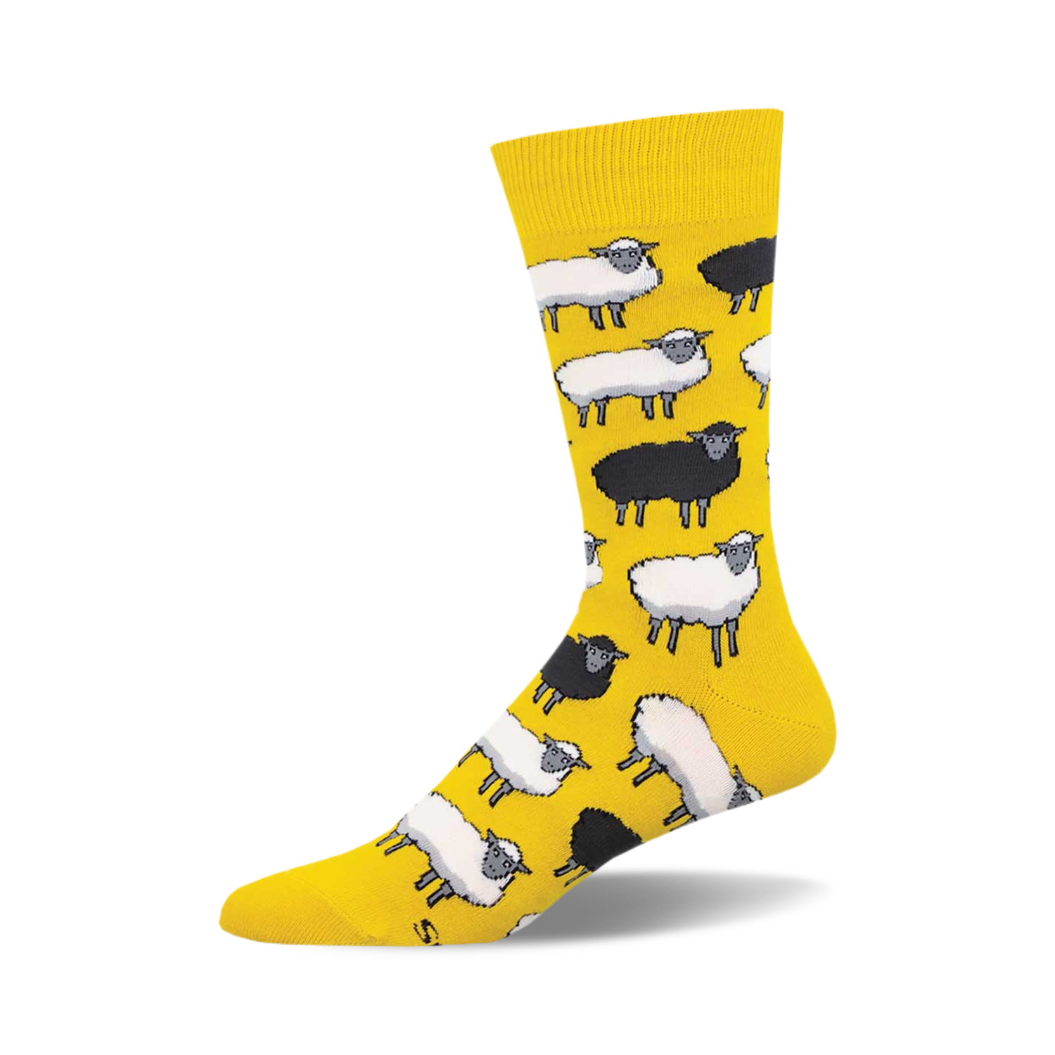 Crew socks featuring a pattern of black and white sheep on a yellow background. 
