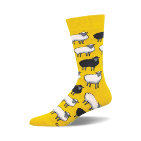 socks that are yellow with a pattern of white sheep and one black sheep.