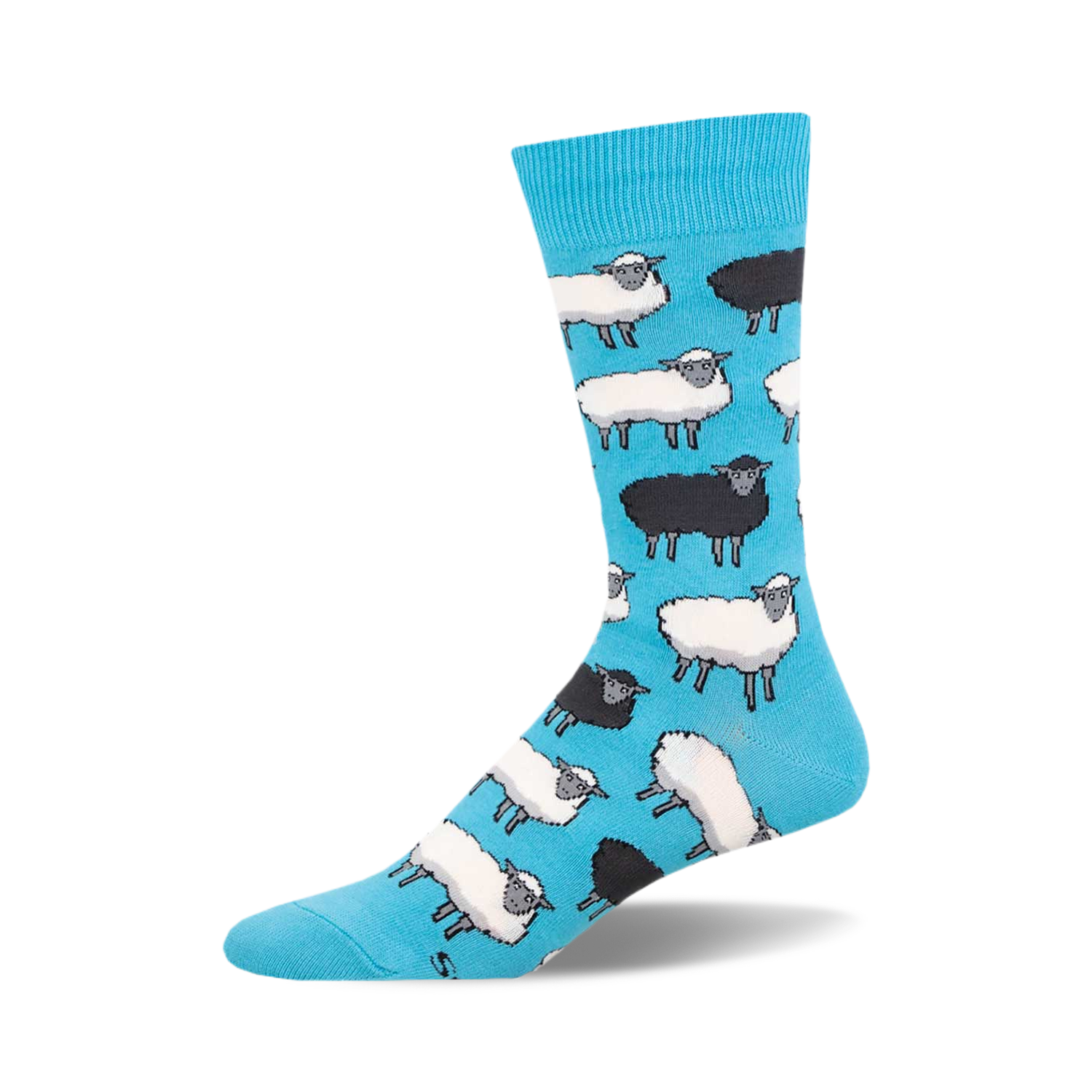 A close-up of Black Sheep crew socks in teal featuring a pattern of black and white sheep.