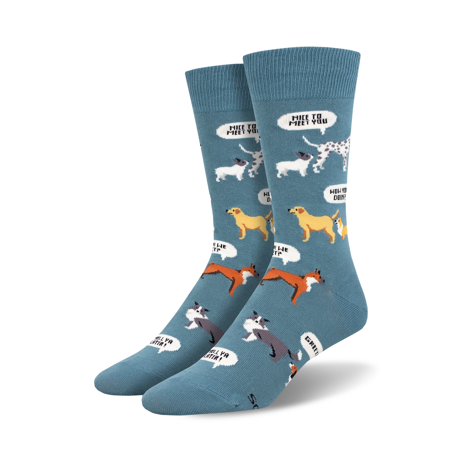 Pair of crew socks, teal and green options, showcasing various dog breeds with speech bubbles containing dog-related puns.