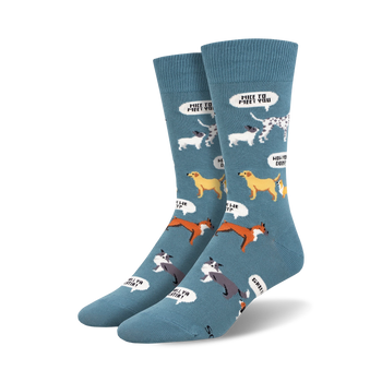 blue novelty crew socks featuring cartoon dogs wearing party hats with speech bubbles saying "{hi}", "{bye felicia}", and "{how you doin?}".  