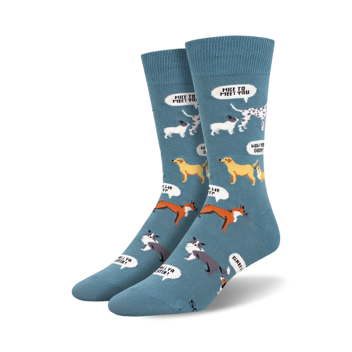 blue novelty crew socks featuring cartoon dogs wearing party hats with speech bubbles saying 