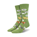 Lifestyle shot of the green 'New Dog, Who Dis?' socks on a model's feet.