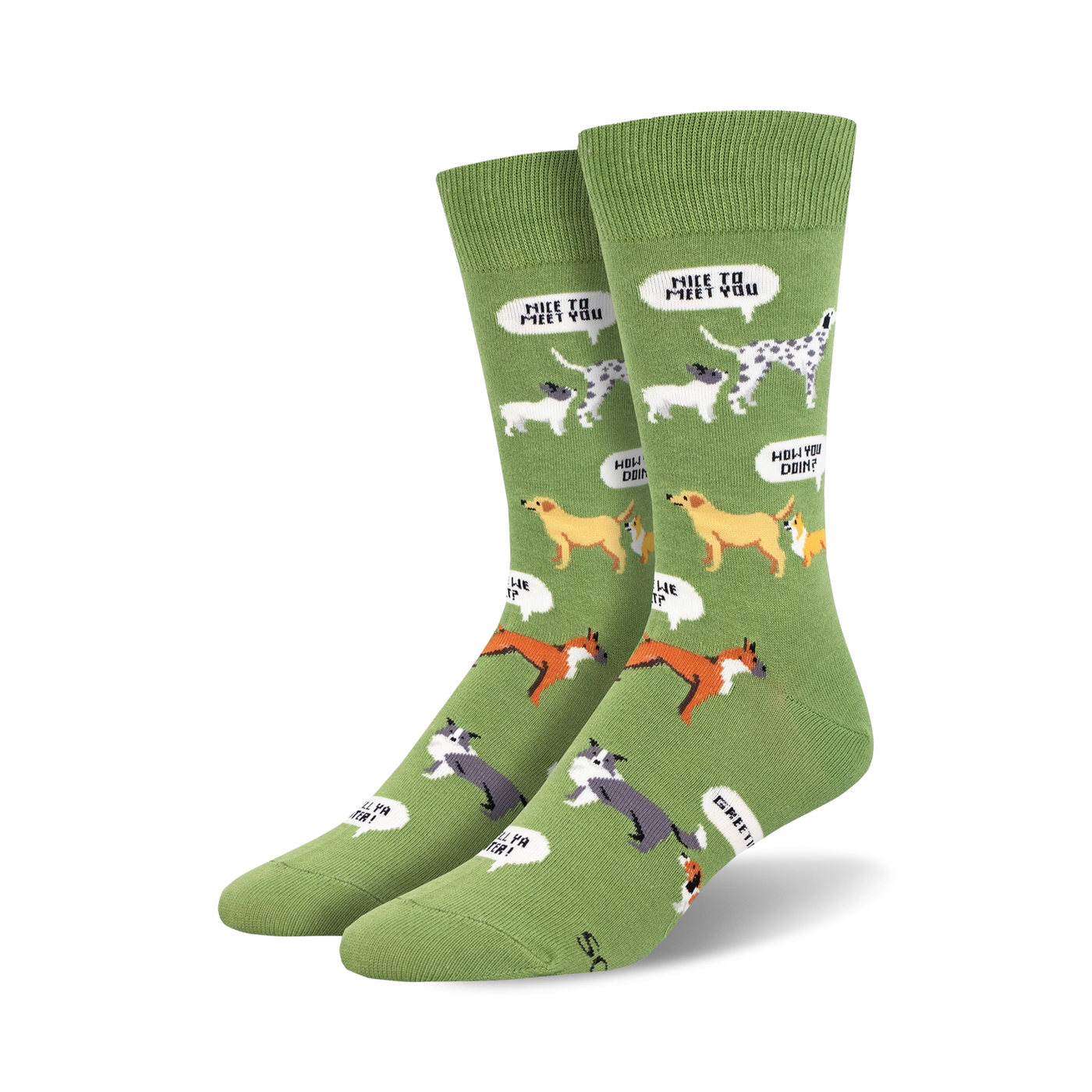 Lifestyle shot of the green 'New Dog, Who Dis?' socks on a model's feet.