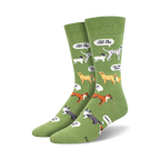 Lifestyle shot of the green 'New Dog, Who Dis?' socks on a model's feet.