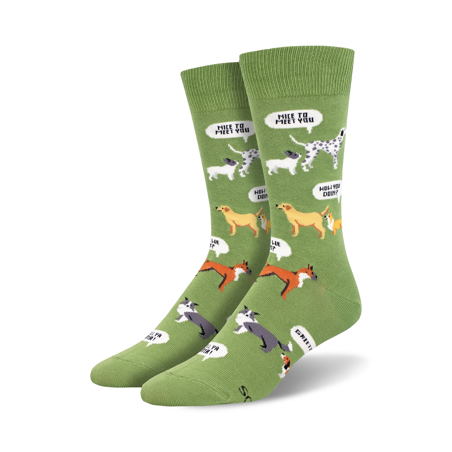 Lifestyle shot of the green 'New Dog, Who Dis?' socks on a model's feet.