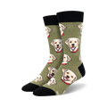 Pair of crew socks featuring a repeating pattern of yellow Labrador retriever faces wearing red collars on an olive green background. Black cuffs.