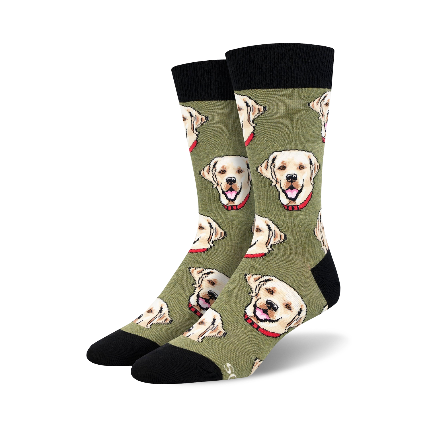 Pair of crew socks featuring a repeating pattern of yellow Labrador retriever faces wearing red collars on an olive green background. Black cuffs.