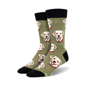 olive green crew socks featuring a pattern of labrador heads with red collars and floppy ears.  