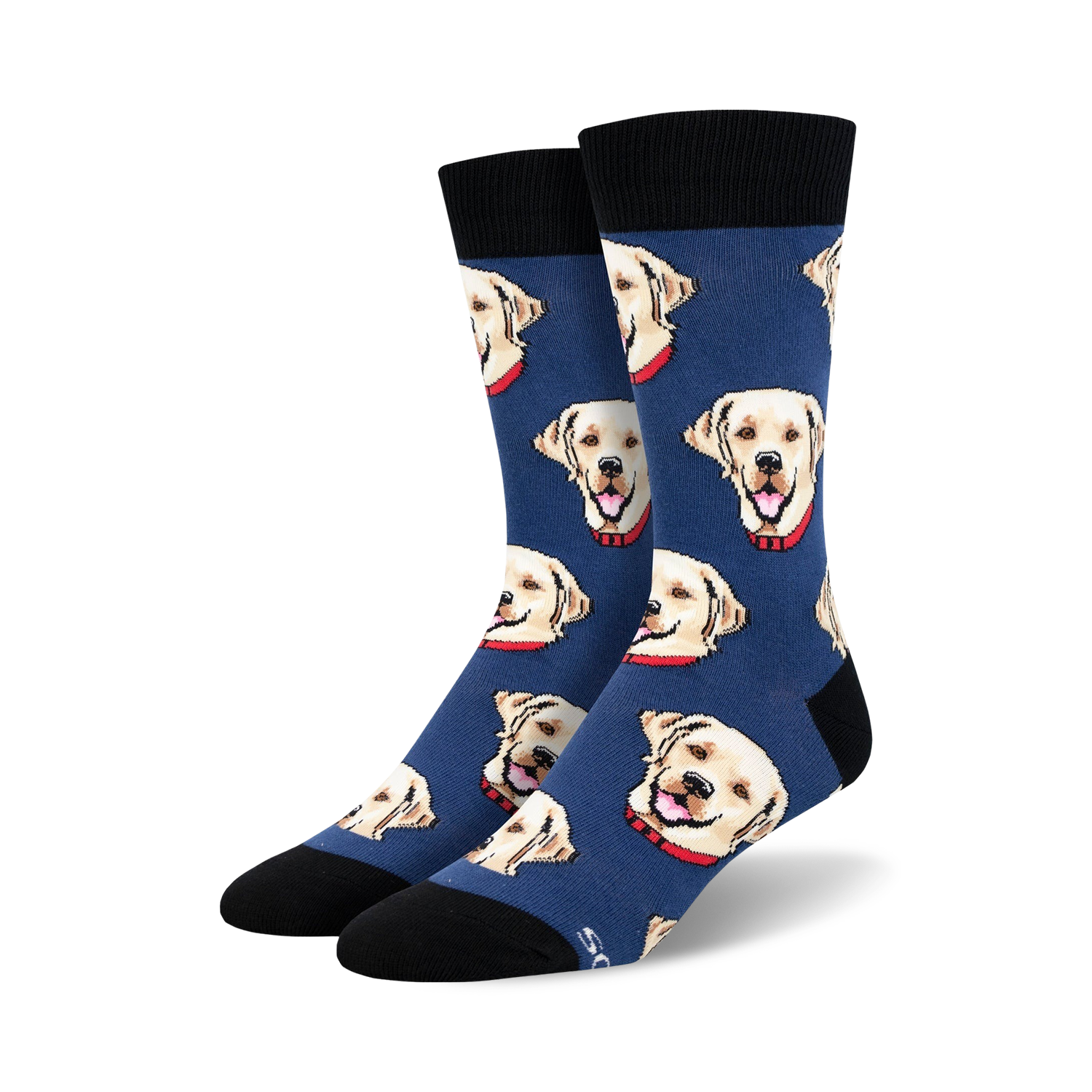 Close-up shot of a pair of blue crew socks with a pattern of yellow Labrador retrievers wearing red collars.