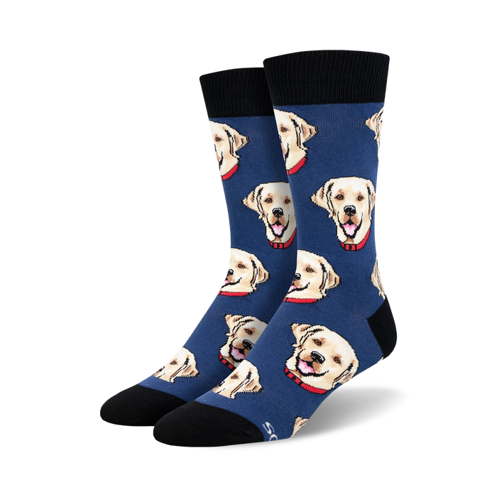 blue crew socks featuring a pattern of forward-facing labrador heads with red collars.   
