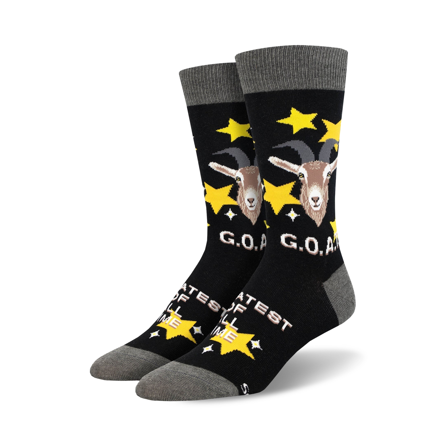 A pair of black crew socks with a goat design, gold stars, and 'G.O.A.T.' text.  The socks have a grey cuff.