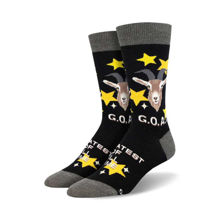 mens black crew socks with yellow stars, cartoon goat wearing party hat, 