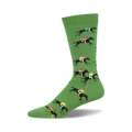 Green crew socks with a repeating pattern of black horses and colorful jockeys engaged in a horse race.