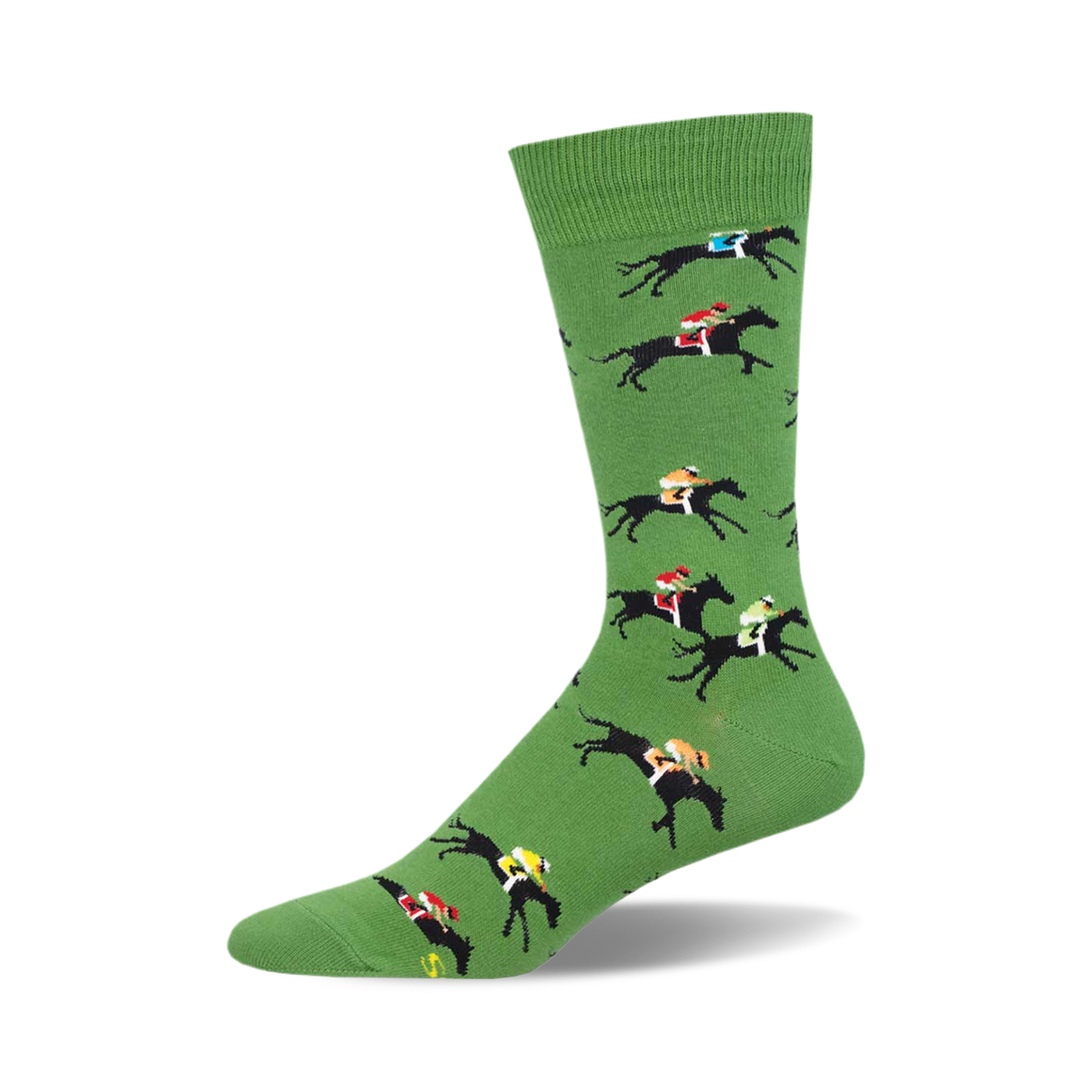 Green crew socks with a repeating pattern of black horses and colorful jockeys engaged in a horse race.