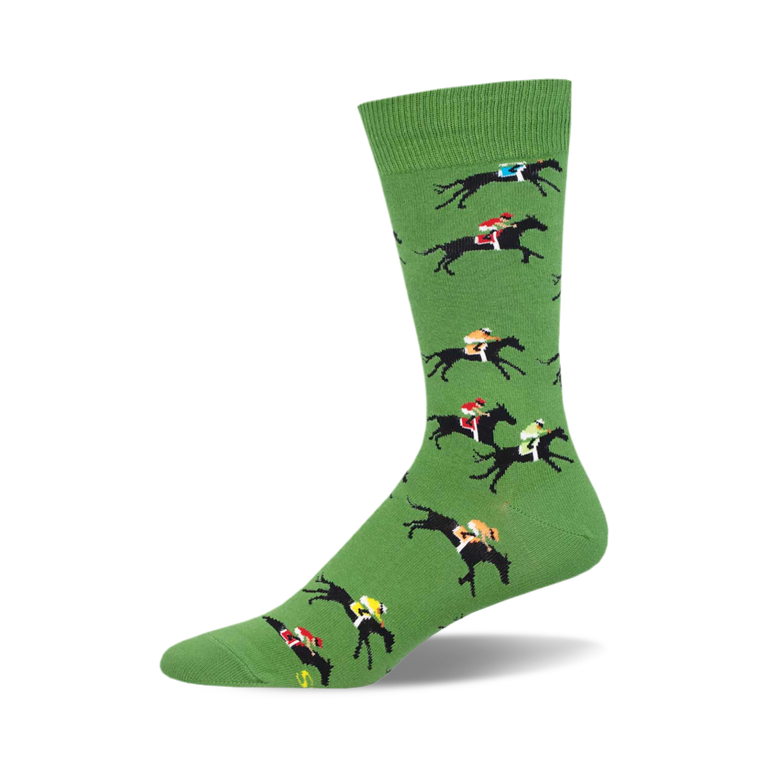 Green crew socks with a repeating pattern of black horses and colorful jockeys engaged in a horse race.