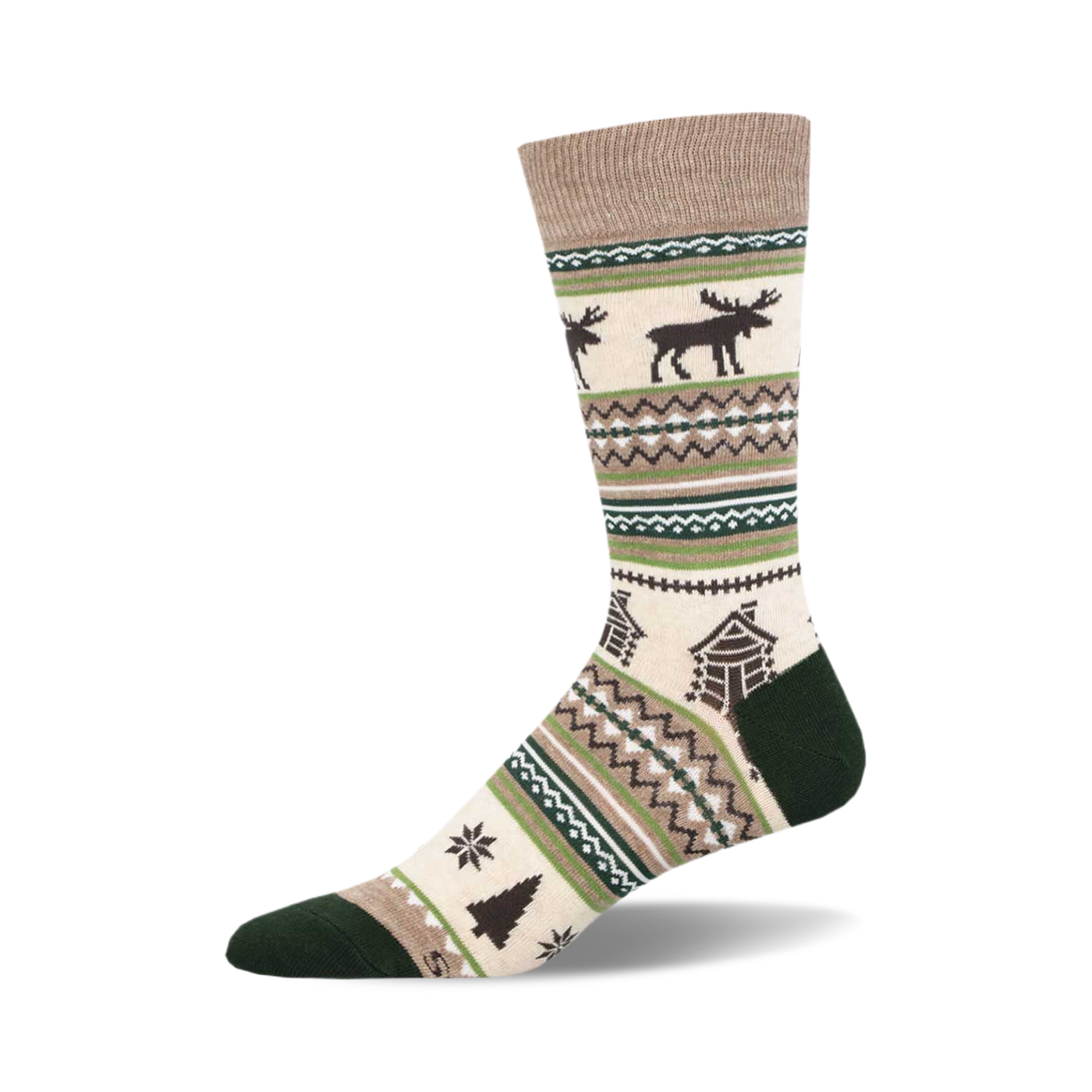 Cream crew socks with a Fair Isle pattern. Features brown moose, green cabins, and snowflake accents on a beige background with green and brown stripes.