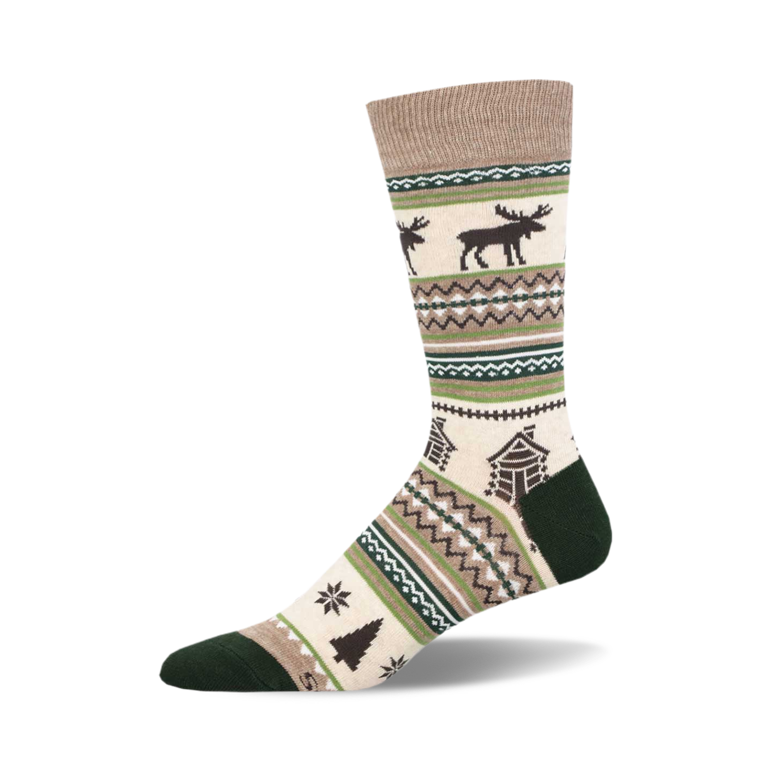 Cream crew socks with a Fair Isle pattern. Features brown moose, green cabins, and snowflake accents on a beige background with green and brown stripes.